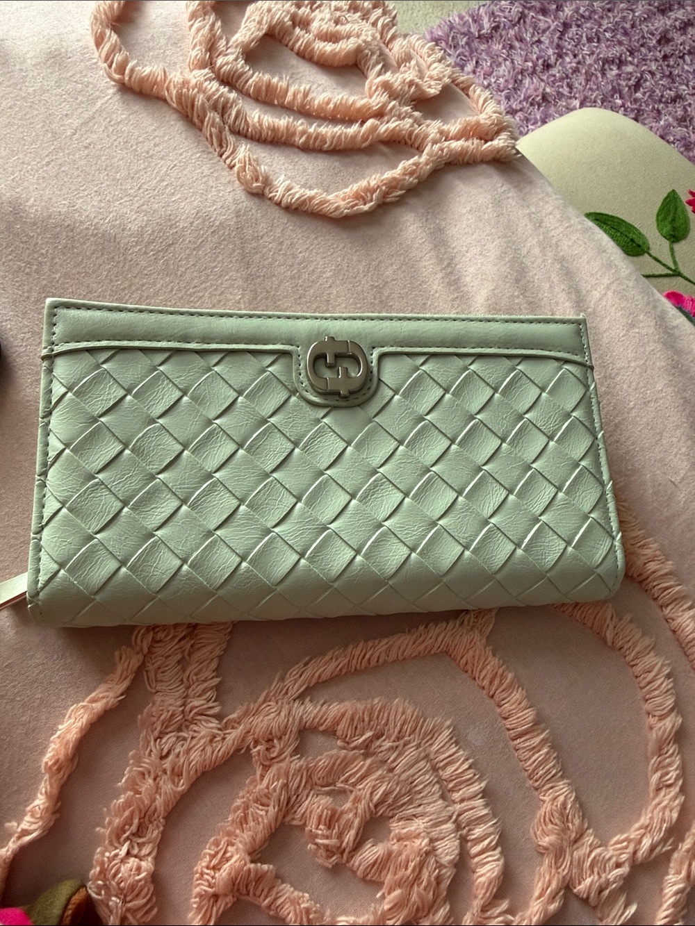 Woven Leather Clutch Wallet in Mint Green